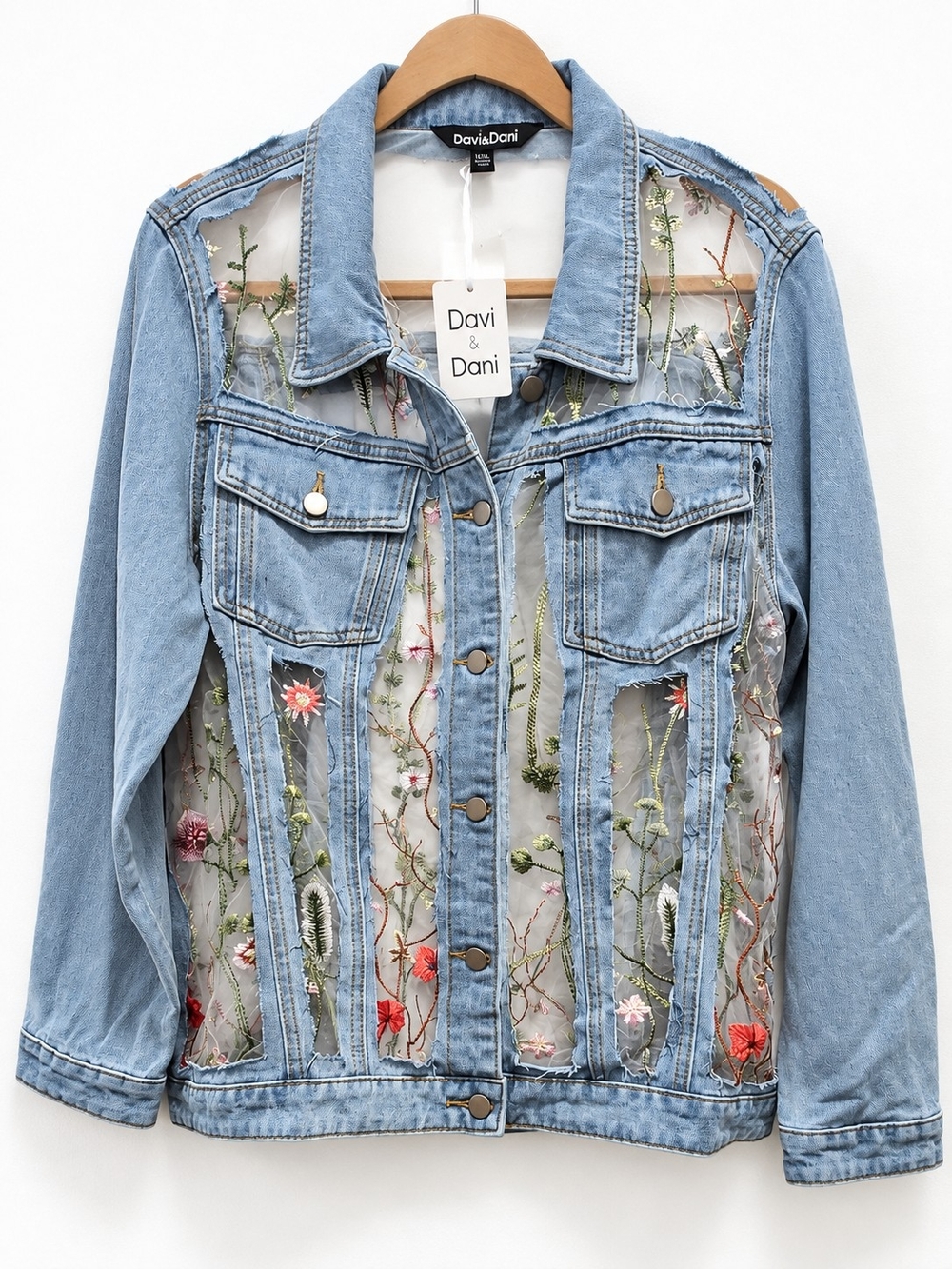 Davi & Dani 1XL Floral Embroidered Sheer Mesh Denim Jacket NWT